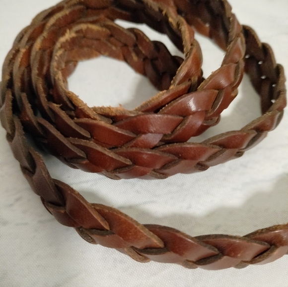 Braided Brown Leather Belt with Gold Buckle Sz S/M Skinny Adjustable - Picture 7 of 11